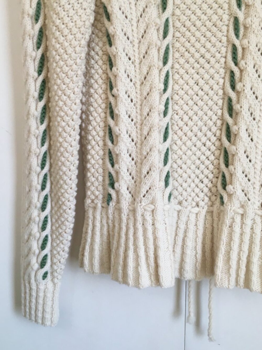 Vintage Hand-Knit Peplum Cardigan Sweater S Cream Sage Green Cable Whimsigoth - Picture 10 of 16